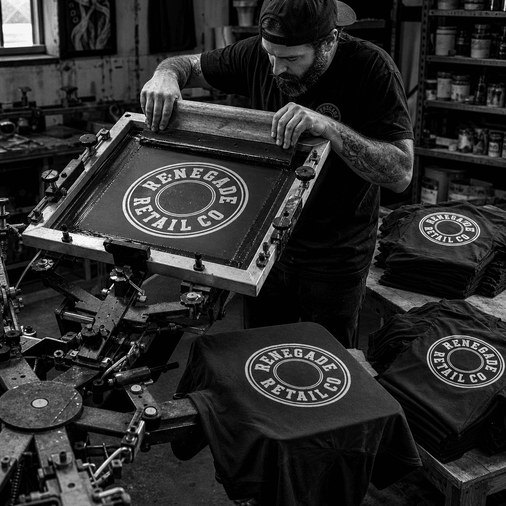 Renegade Screenprinting shop floor with screen printing press